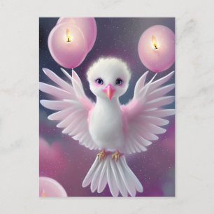 Postal Cumpleaños de pajarito blanco y rosa adorable