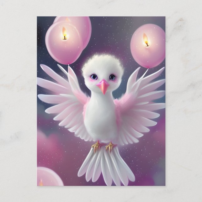 Postal Cumpleaños de pajarito blanco y rosa adorable (Anverso)