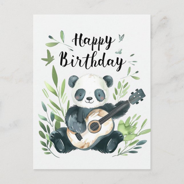 Postal Cumpleaños de panda acuarela lindo tocando guitarr (Anverso)