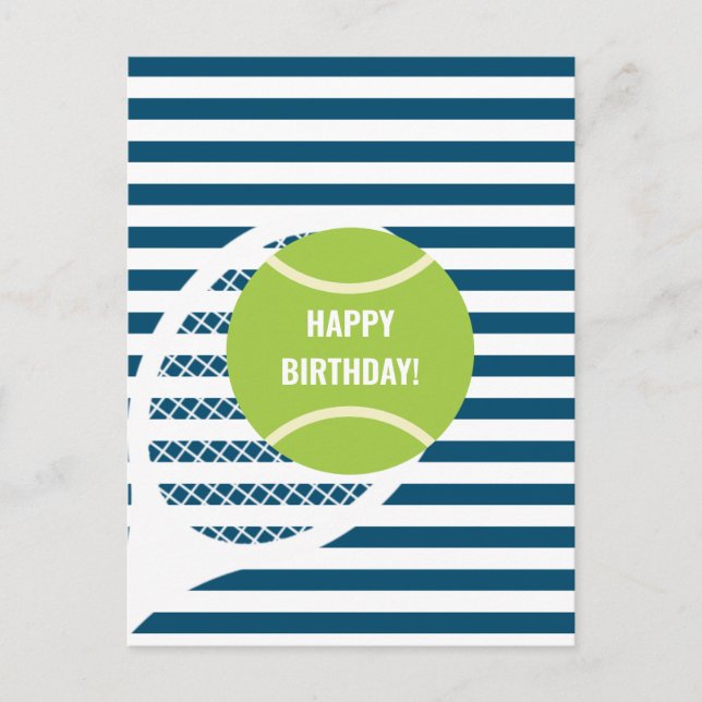 Postal Cumpleaños de pelota de tenis verde moderna rayada (Anverso)