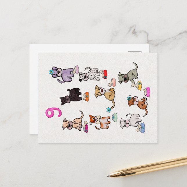 Postal Cumpleaños de perritos comensales nueve años  (Anverso/Reverso In Situ)