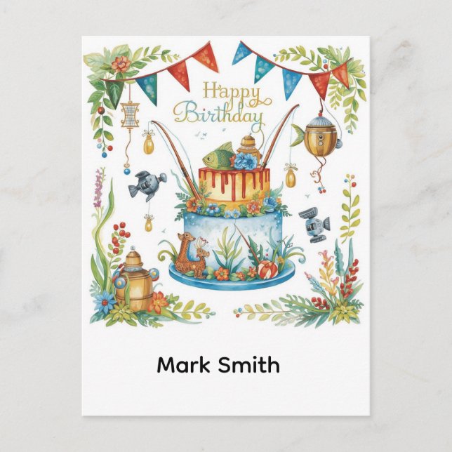 Postal Cumpleaños de pesca enganchado a la diversión (Anverso)