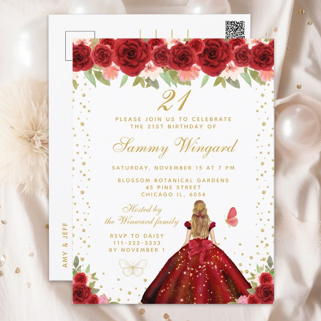 Postal Cumpleaños de princesa de pelo rubio con flores ro (Subido por el creador)