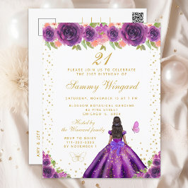 Postal Cumpleaños de princesa de piel oscura con flores m