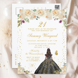 Postal Cumpleaños de princesa de piel oscura floral crema