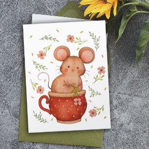Postal Cumpleaños de Ratón de Acuarela Lindo en una Taza 