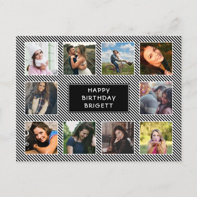 Postal Cumpleaños de rayas blancas y negras de collage de (Anverso)