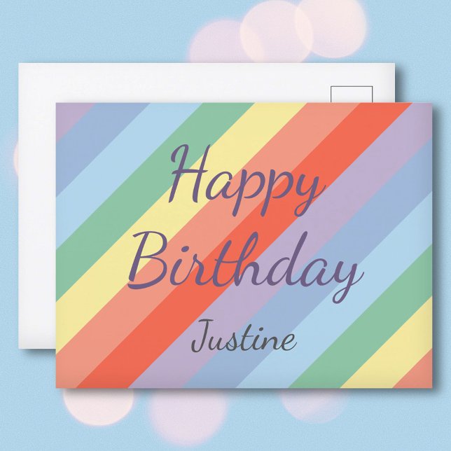 Postal Cumpleaños de rayas diagonales de arcoíris pastel (Pastel Rainbow Diagonal Stripes Birthday Postcard)