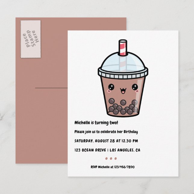 Postal Cumpleaños de Té de Burbujas Kawaii Café Marrón (Anverso / Reverso)