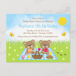 Postal Cumpleaños de Teddy Bear con picnic de cuadros azu