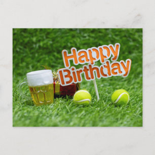 Postal Cumpleaños de tenis con baile y regalos sobre césp