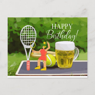 Postal Cumpleaños de Tenis con cerveza y raqueta de bola 