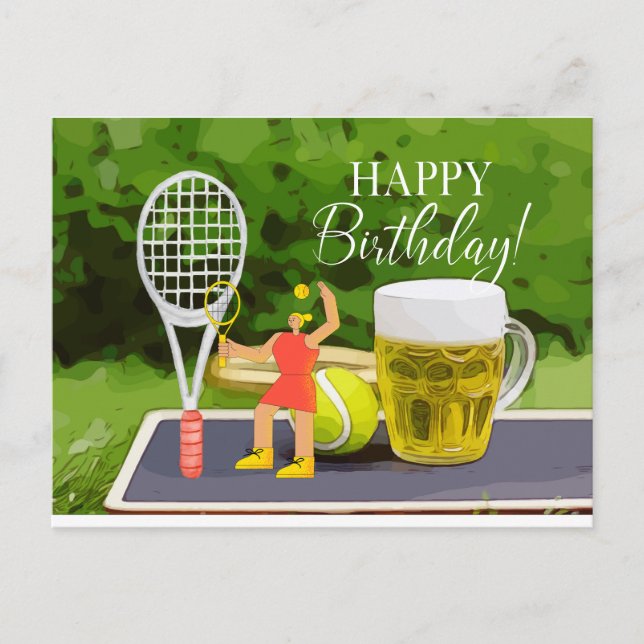 Postal Cumpleaños de Tenis con cerveza y raqueta de bola  (Anverso)