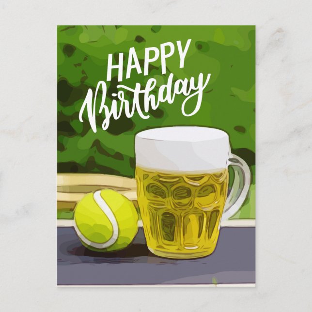 Postal Cumpleaños de tenis con estruendo de cerveza y bol (Anverso)