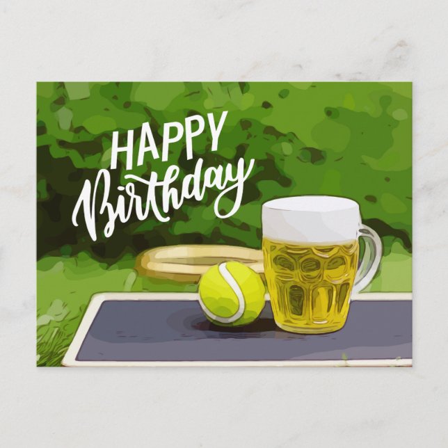 Postal Cumpleaños de tenis con estruendo de cerveza y bol (Anverso)
