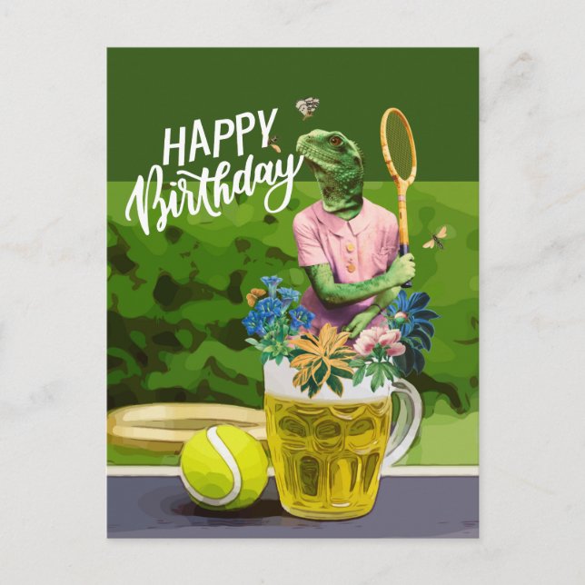 Postal Cumpleaños de tenis con estruendo de cerveza y bol (Anverso)