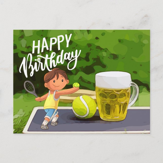 Postal Cumpleaños de tenis con estruendo de cerveza y bol (Anverso)