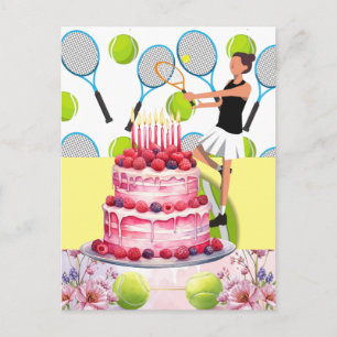 Postal Cumpleaños de tenis con jugadora y flor 