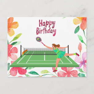 Postal Cumpleaños de tenis con jugadora y flor