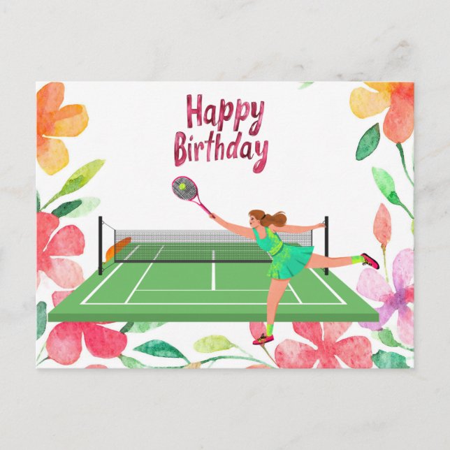 Postal Cumpleaños de tenis con jugadora y flor  (Anverso)