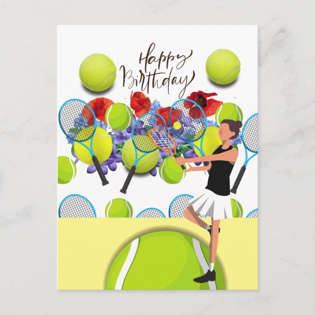 Postal Cumpleaños de tenis con jugadora y flor (Anverso)