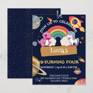 Postal Cumpleaños de unicornio dinosaurio lindo arcoiris 
