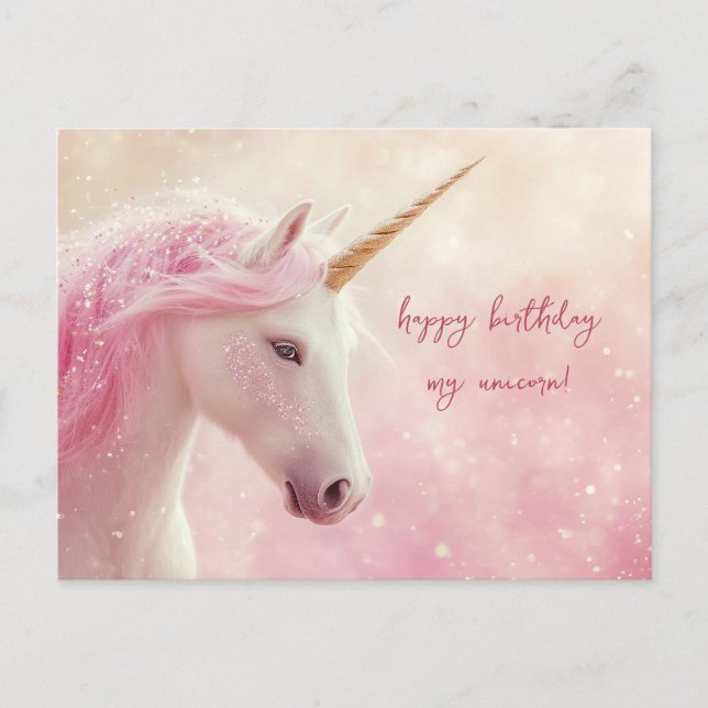 Postal Cumpleaños de Unicornio Rosa (Anverso)