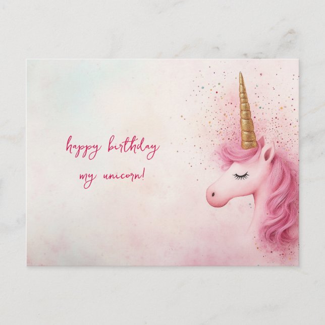 Postal Cumpleaños de Unicornio Rosa (Anverso)