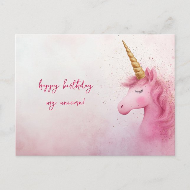 Postal Cumpleaños de Unicornio Rosa (Anverso)