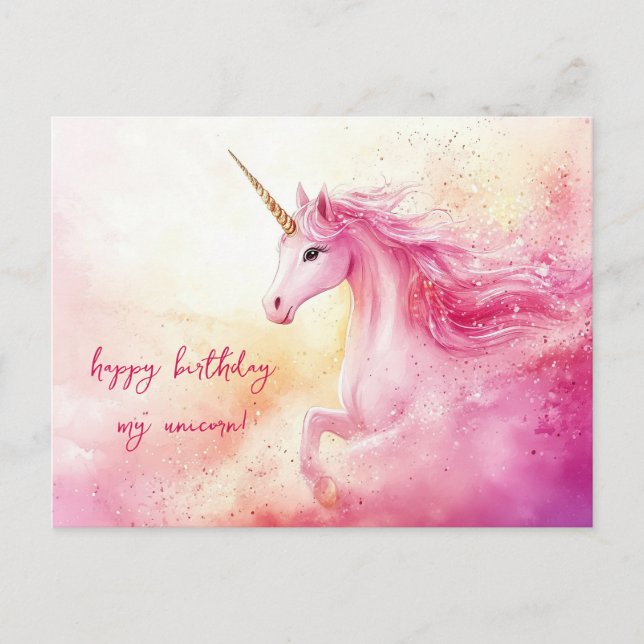 Postal Cumpleaños de Unicornio Rosa (Anverso)
