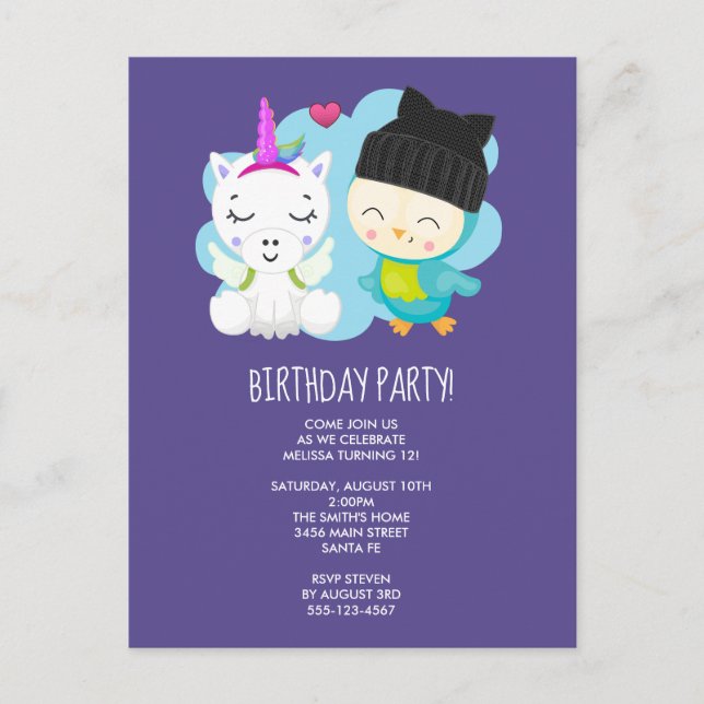 Postal Cumpleaños de unicornio y pajarito de dibujos anim (Anverso)