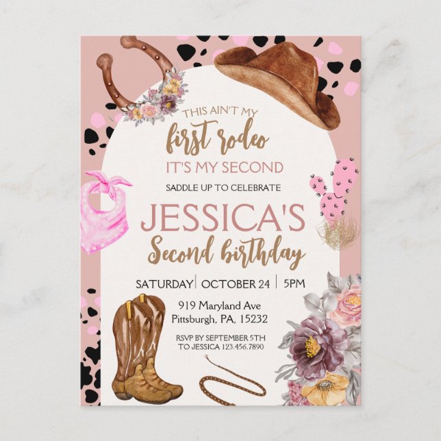 Postal Cumpleaños de vaquera rosa 2do Rodeo Presupuesto F (Anverso)