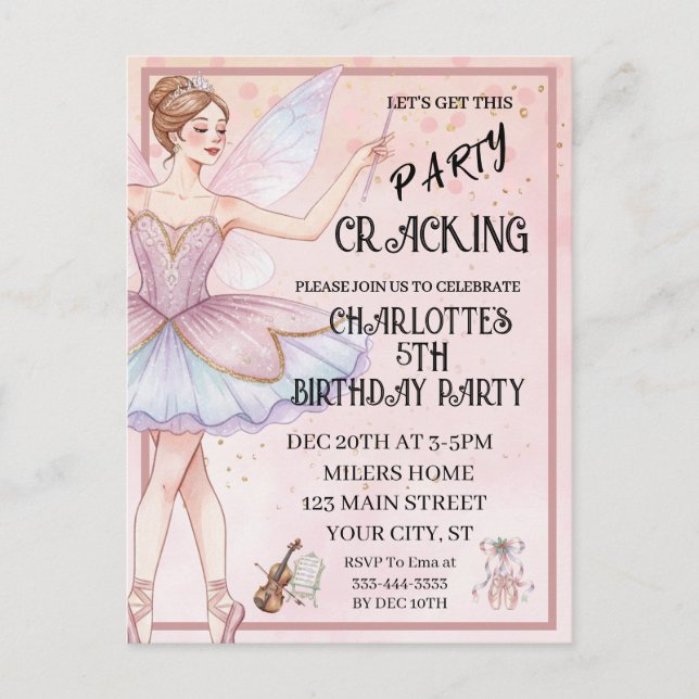 Postal Cumpleaños del ballet de Navidad Cascanueces rosa (Anverso)