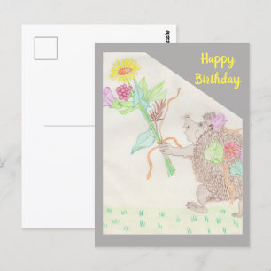 Postal Cumpleaños del coche con erizo y ramo de flores fa