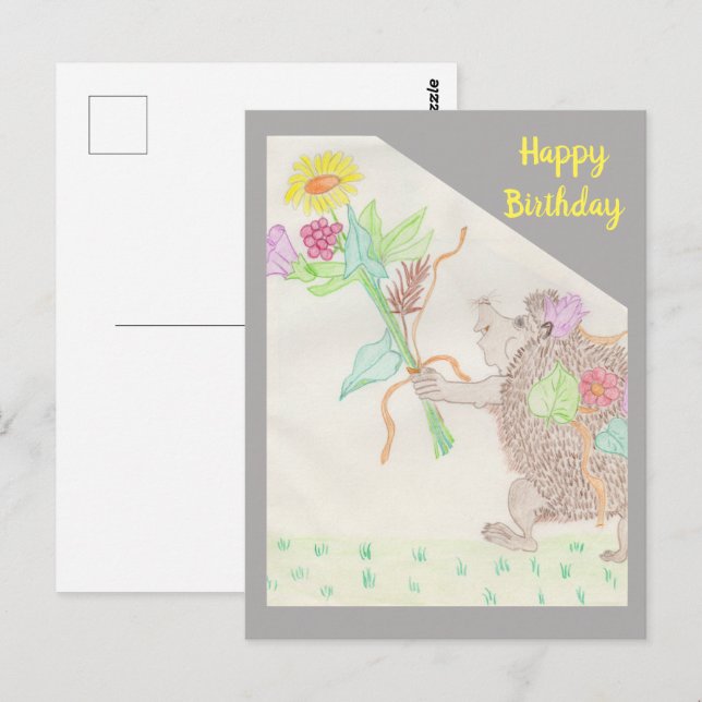 Postal Cumpleaños del coche con erizo y ramo de flores fa (Anverso / Reverso)