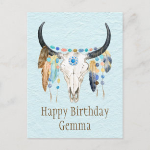 Postal Cumpleaños del cráneo boho con decoración de vaca