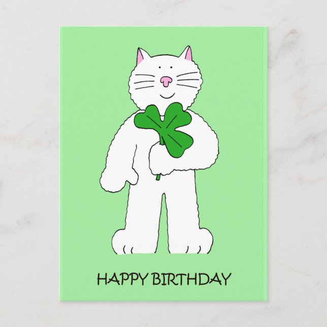 Postal Cumpleaños del Día de San Patricio Gato con Trébol (Anverso)