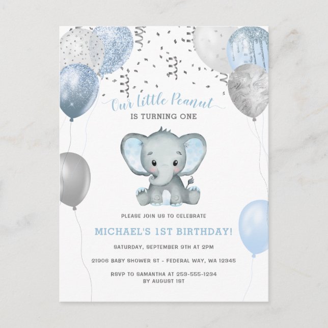 Postal Cumpleaños del Elefante Niño Globos 1er (Anverso)