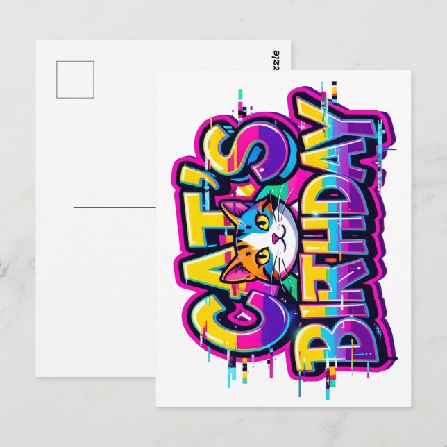 Postal Cumpleaños del Gato Arcoíris con Glitch (Anverso / Reverso)