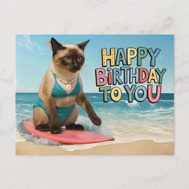 Postal Cumpleaños del gato con tema en la playa para gato (Anverso)