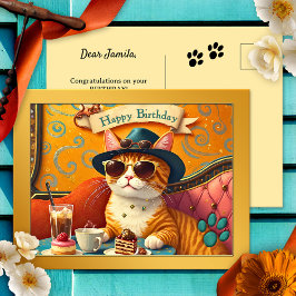 Postal Cumpleaños del gato y el pastel retro divertido