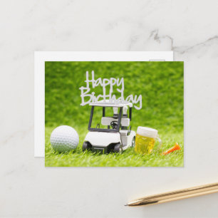 Postal Cumpleaños del golf con carrito de golf y cerveza 
