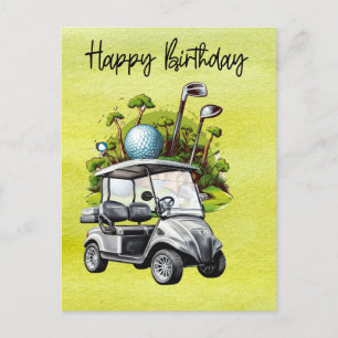 Postal Cumpleaños del golf con la acuarela del carrito de