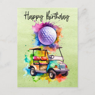 Postal Cumpleaños del golf con la acuarela del carrito de