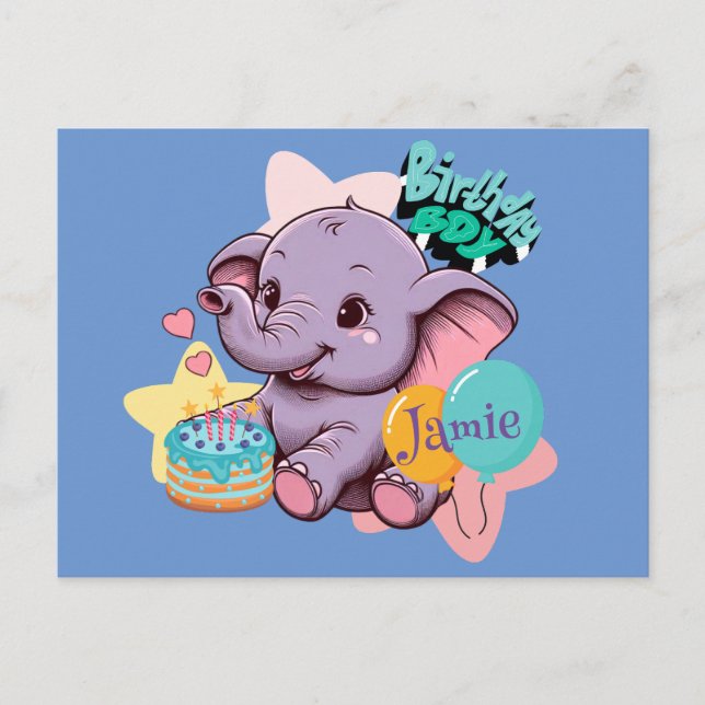 Postal Cumpleaños del niño elefante bebé lindo (Anverso)
