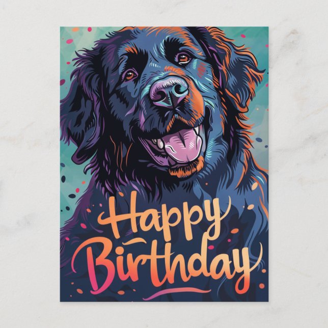 Postal Cumpleaños del perro Terranova colorido (Anverso)
