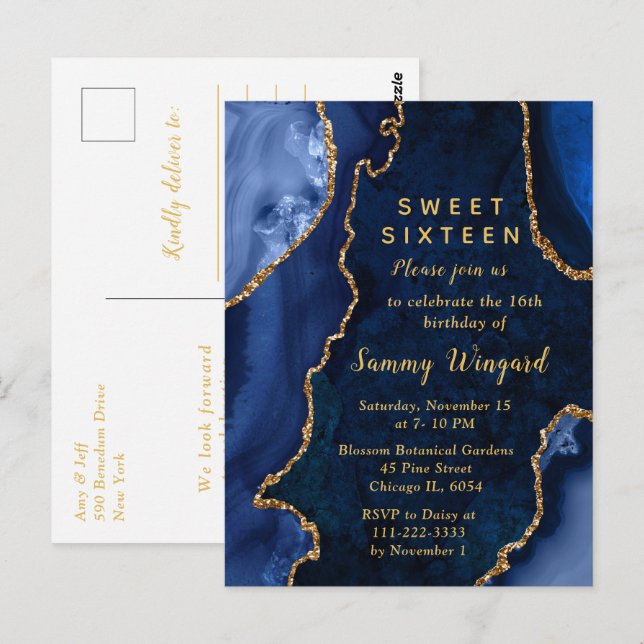 Postal Cumpleaños Dieciséis de Mármol Azul Marino y Ágata (Anverso / Reverso)