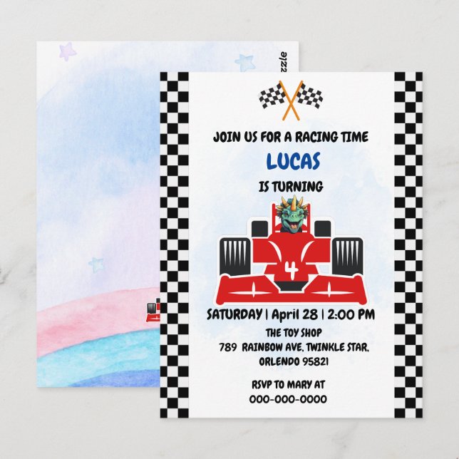 Postal Cumpleaños Dinosaurio coche de carreras niño rojo  (Anverso / Reverso)