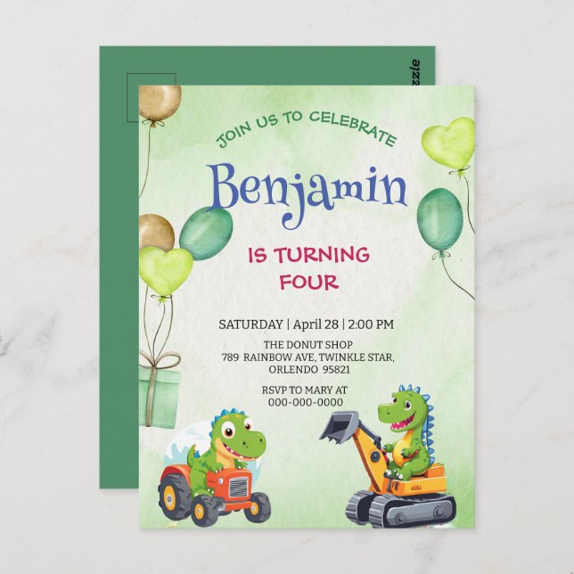 Postal Cumpleaños divertido camión tractor dinosaurio T-R (Anverso / Reverso)