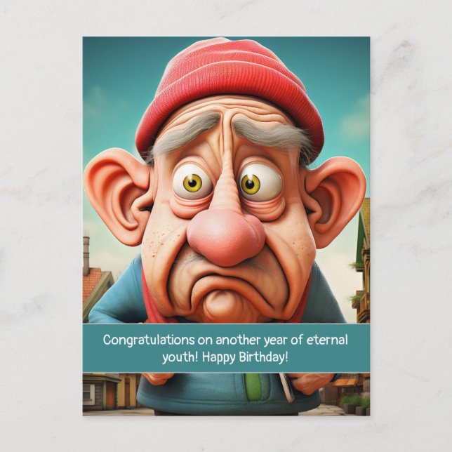 Postal Cumpleaños divertido hito de juventud eterna (Anverso)